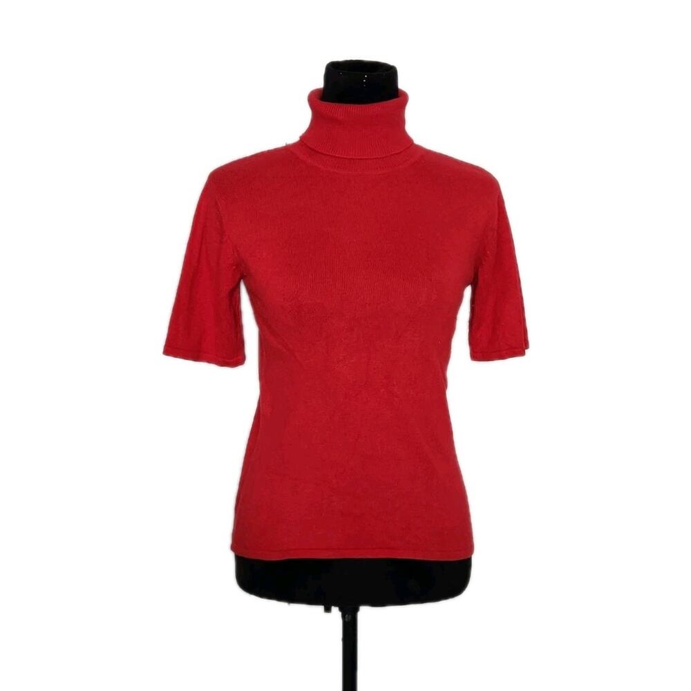 Silk Club Collection Red Silk Cashmere Short Sleeve Turtleneck Knit Top Size S